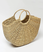 Hand-woven Sea grass Tote Bag with Wooden Ring Handles, Half Moon Shape, Natural Beige, for Women