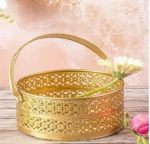 Metal Flower Basket with Handle | Golden Pooja Basket, Floral Decoration, Fruit Storage & Home Décor | Decorative Brass-Look Basket