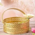 Metal Flower Basket with Handle | Golden Pooja Basket, Floral Decoration, Fruit Storage & Home Décor | Decorative Brass-Look Basket