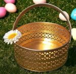 Metal Flower Basket with Handle | Golden Pooja Basket, Floral Decoration, Fruit Storage & Home Décor | Decorative Brass-Look Basket - Image 2