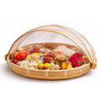 Bamboo Mesh Food Cover Basket with Foldable Net Lid | Multipurpose Serving Tray for Fruits, Snacks, Cakes & Dining Table | Anti-Fly Food Protector for Kitchen, Picnic & Wedding Décor