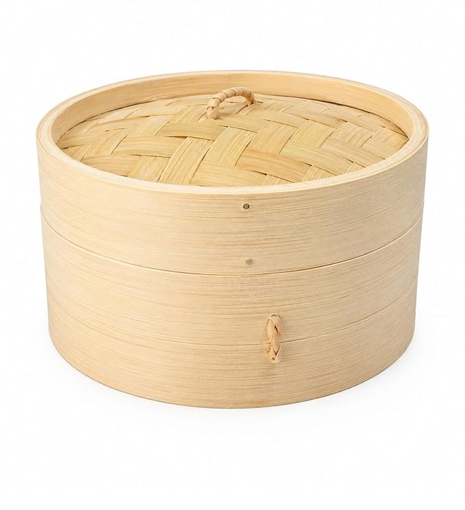 61WibAJ8fjL._SX679_ Bamboo Dim sum Basket, Round Steamer Basket With Lid | Great For Steaming Dim Sum, Buns, Dumplings, Vegetables, Fruits - Beige (Sizes: 6, 7, 8, 10, 12, 14 Inch) - Image 1