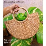 Hand-woven Sea grass Tote Bag with Wooden Ring Handles, Half Moon Shape, Natural Beige, for Women