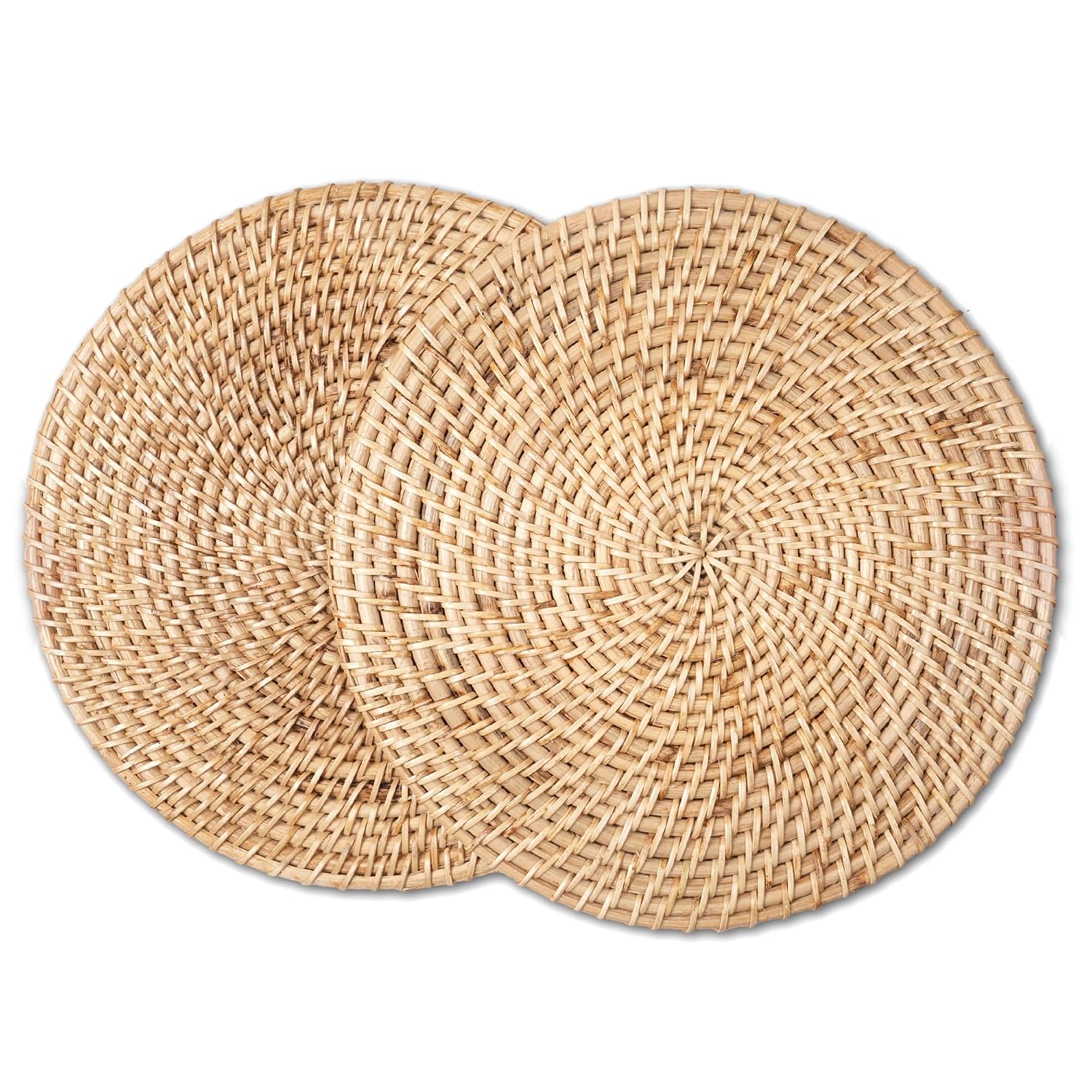 81WPUZ4x0OL._SL1500_ Handcrafted Round Rattan Dining Placemats, Cane Wicker Natural | Boho Farmhouse Style | Heat Resistant Hot Pad | Protective Varnish Finish | Easy Wipe Clean - Image 1