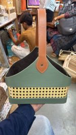 Cane Weave Gift Basket with Handle | PU Leather & Rattan Tray Hamper Basket for Gifting | Sage Green | Fabric Lined | Wedding, Festive, Corporate Gifts